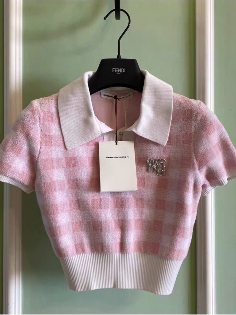 🚩steal Alexander Wang Pink and White Checkered Knit Polo with Crystal Logo Pin
